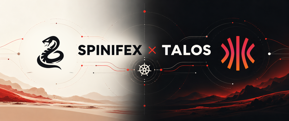 Spinifex × Talos — the Spinifex and Talos Linux logos joined by the Kubernetes helm